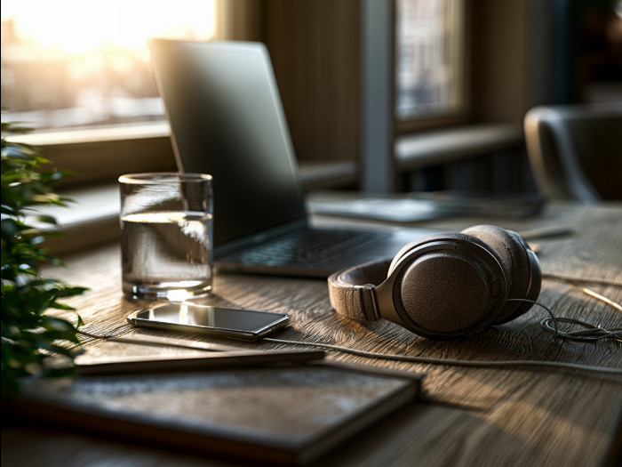 Detail pracovního stolu s notebookem, sklenicí vody, sluchátky a krátce odloženým telefonem.