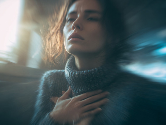 Žena ve stresu, svírá sahá si na sevřené hrdlo a hrudník.