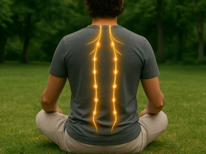 Muž sedí v parku v tureckém sedu a na zádech mu svítí Sympatikus