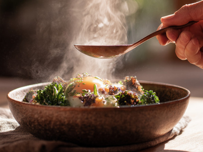 Jídlo na talíři, ruka drží lžíci, pára nad jídlem