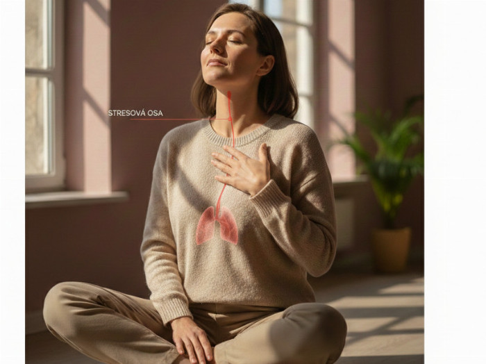 Žena si sahá na hruď se zavřenýma očima.