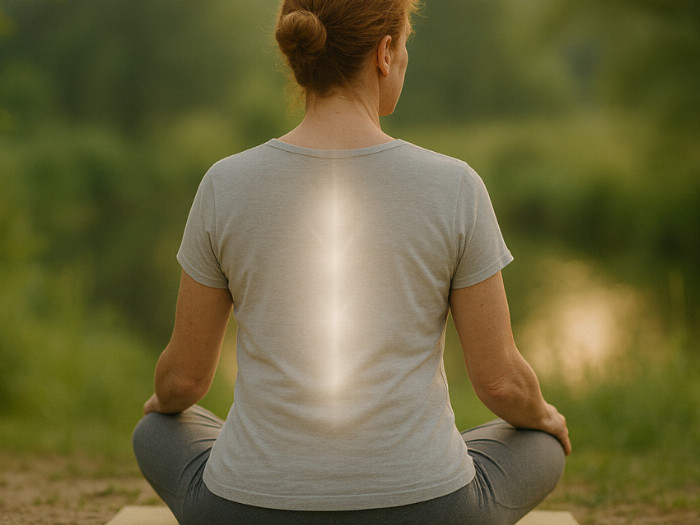 Žena sedí na podložce v přírodě, ruce má na stehnech. Parasympatikus