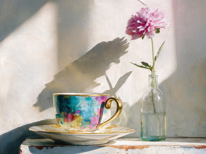 Hrnek s podšálkem a květina ve váze na poličce. Stíny světla, slunce se odráží na zdi