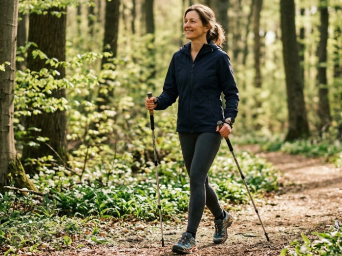žena se sportovními hůlkami při chůzi v lese