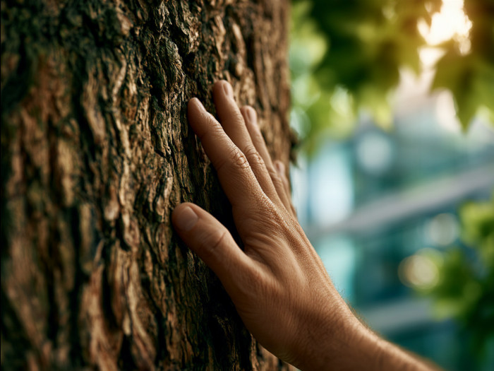 Detail ruky dotýkající se kůry stromu, v pozadí rozostřená kancelářská budova.