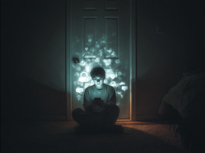 Teenager sedí v temném pokoji s puštěným mobilním  telefonem