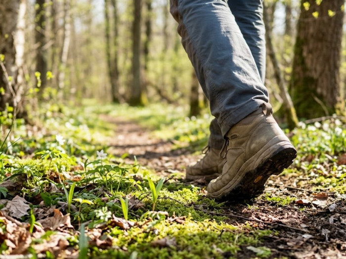 nohy při chůzi, v lese, jaro