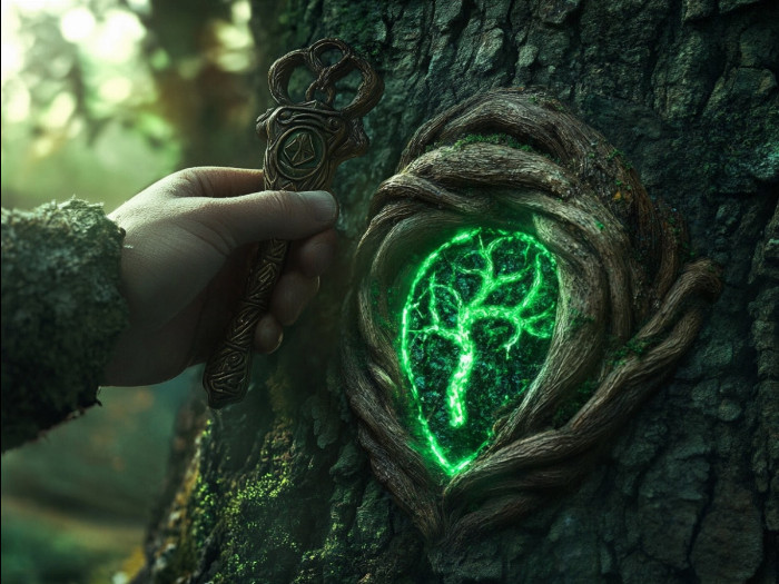 Lesní skřítek odemyká svůj strom pomocí kouzelného klíče.