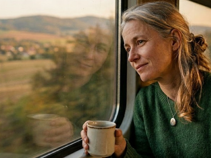 žena sedí ve vlaku s hrnkem kávy v ruce a dívá se do krajiny oknem